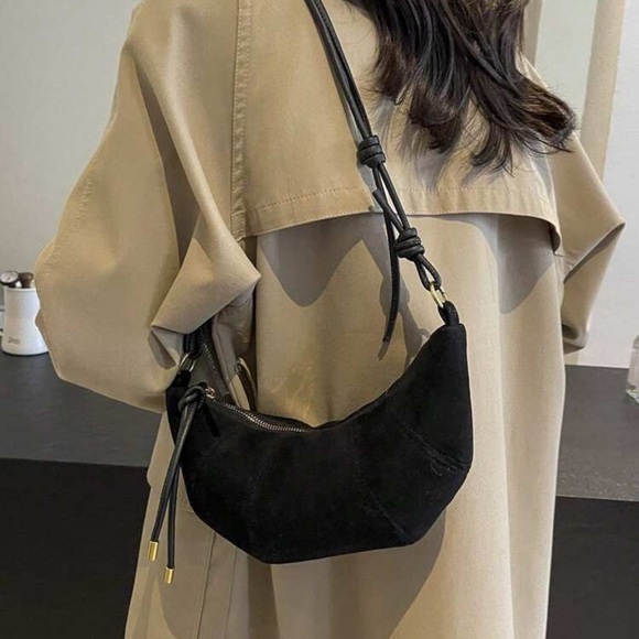 COPY - Black Suede Crescent Moon Shoulder Bag with Gold Hardware | NWT - Picture 3 of 5